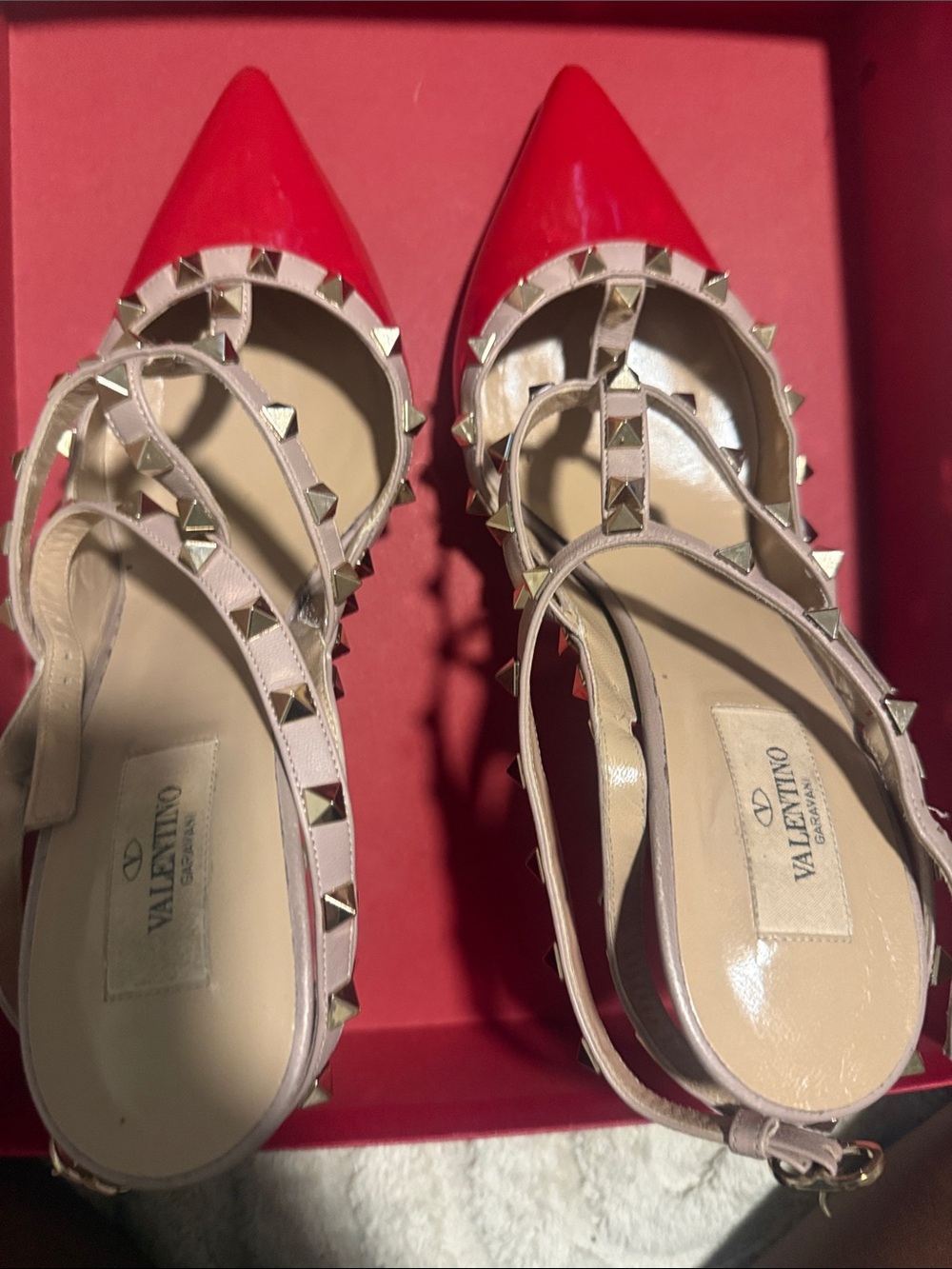 Valentino Red Patent Leather Rockstud Pointed Flats with Nude Straps